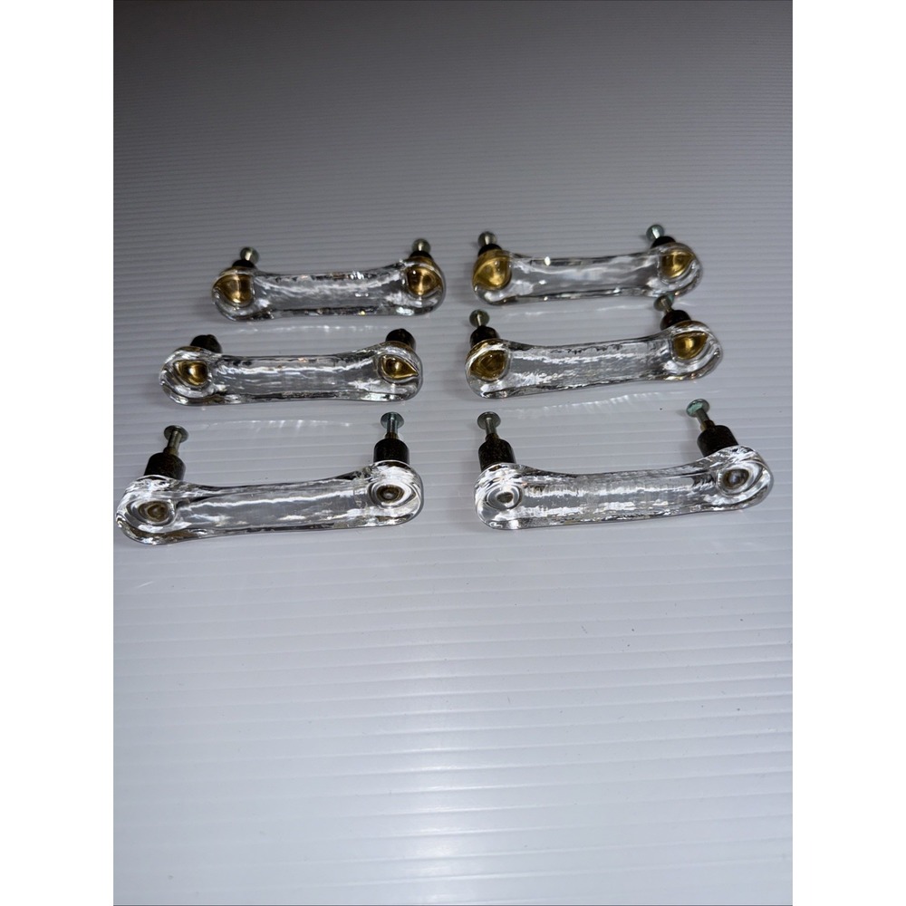 6 CLEAR GLASS Brass 4.25" HANDLES 3.5" HOLES Kitchen Cabinet Door Drawer Pulls